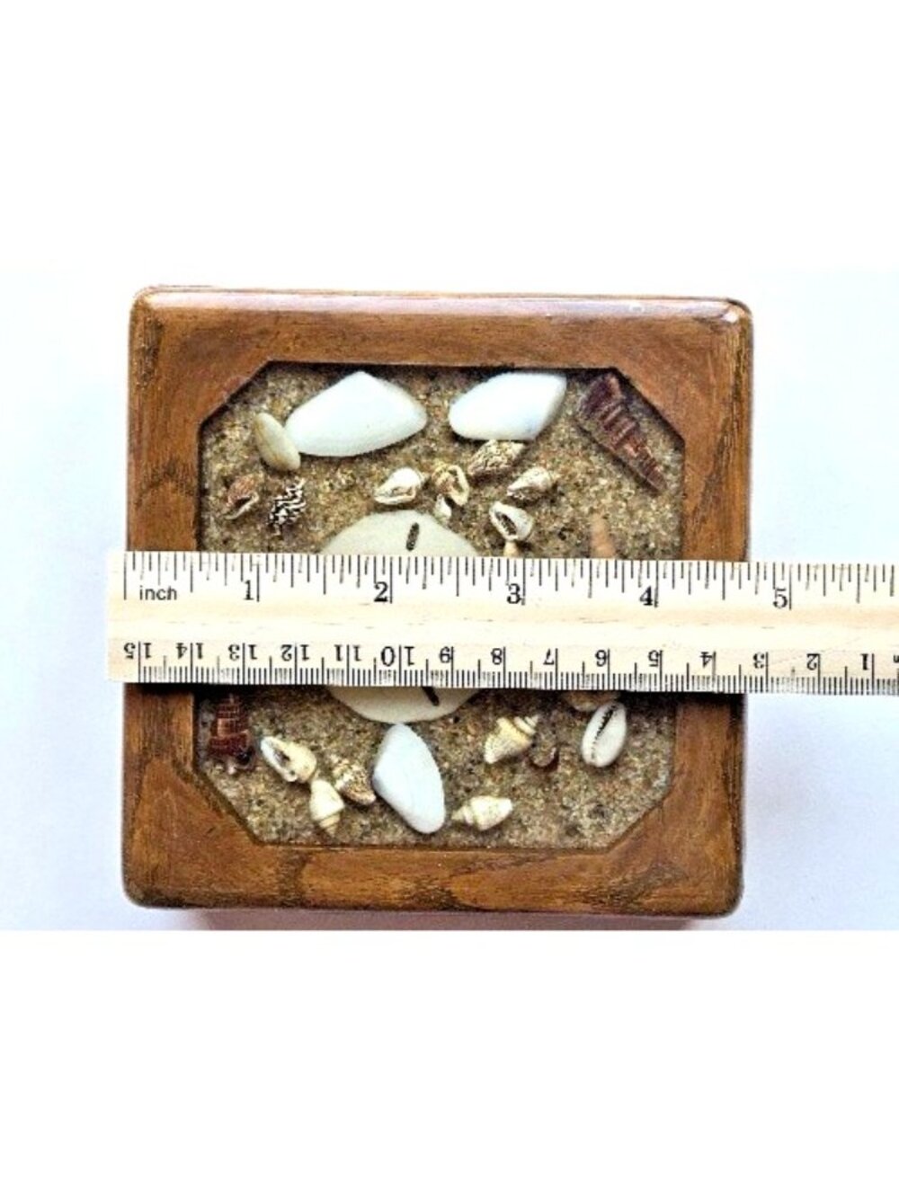 Vintage Wood Trinket Box Lucite Acrylic Lid, Seashell Sand Dollar 4.75in Square - Picture 4 of 4